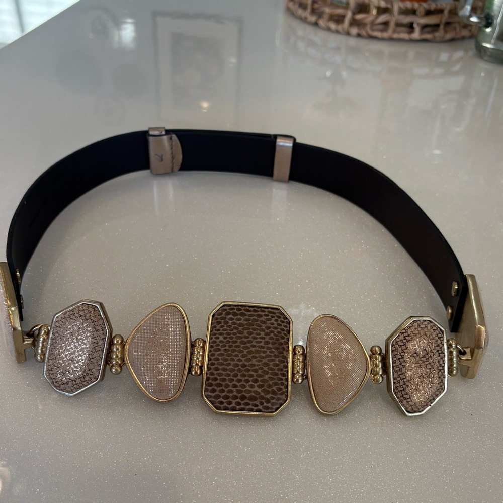 Chico’s Genuine Leather Belt Beige Taupe Stones  Adjustable S/M Natural